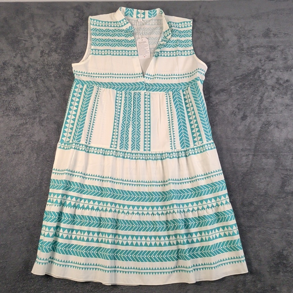 NWT womens dress Large Sleeveless Midi Geometric Boho Aztec  green/white